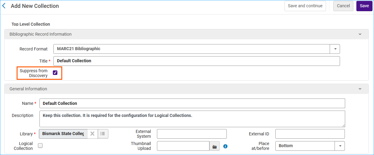A screenshot of the settings for a default collection.